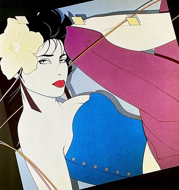 Stylized illustration of a woman with a large flower and colorful outfit.