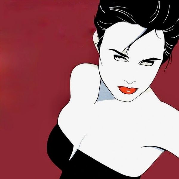 Stylized portrait of a woman with red lips and black hair against a deep red background.