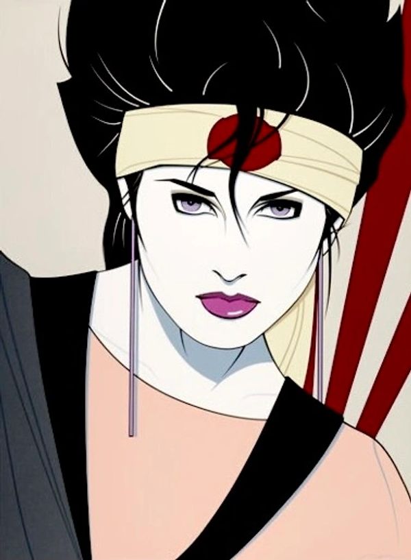 Stylized portrait of a woman with a headband and intense gaze.