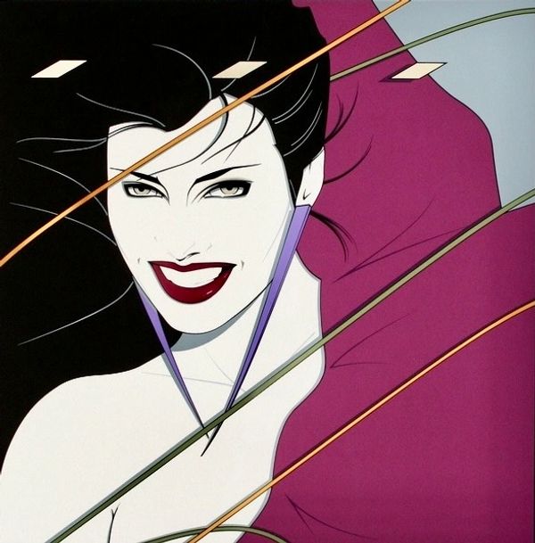 Stylized portrait of a smiling woman with dark hair and bold makeup.