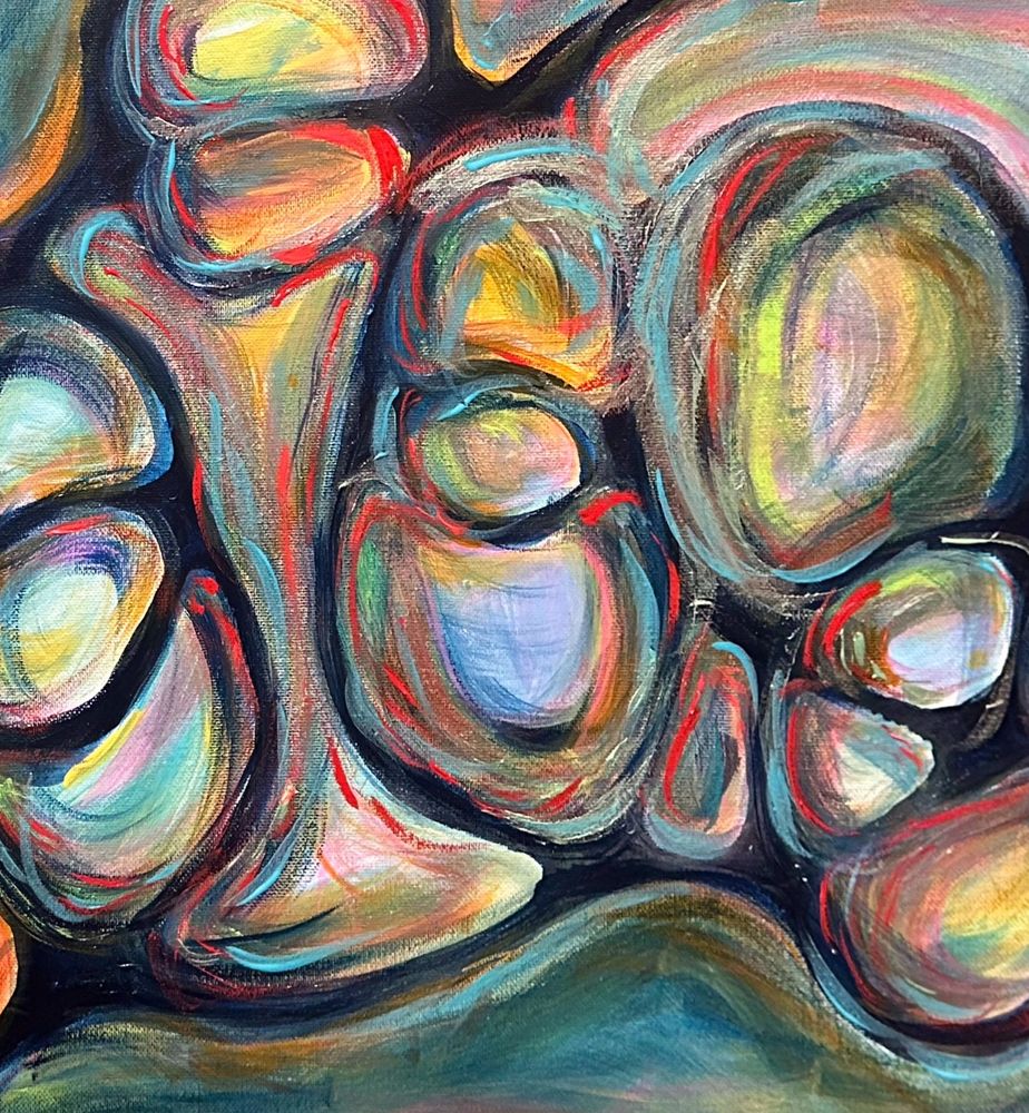 Abstract painting of a foot with vibrant, swirling colors and bold outlines.