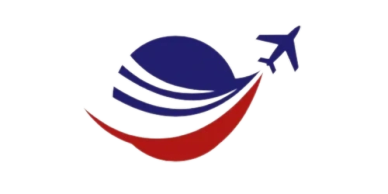Logo featuring a blue airplane above red and blue swoosh shapes.