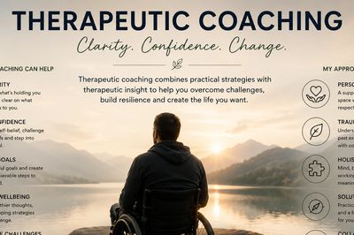 Person in a wheelchair looking at sunrise over a lake during therapeutic coaching.