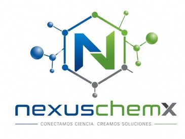 Logo of Nexus Chem X with molecular design and tagline in Spanish.
