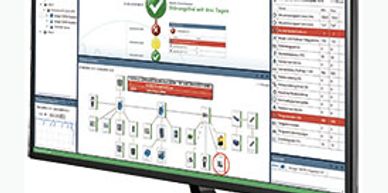 Monitor displaying a software interface with data visualization and status indicators.