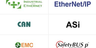 Logos of industrial communication protocols and technologies.
Ethernet/IP
Profibus
Profinet
ASi
IOLink
EMC