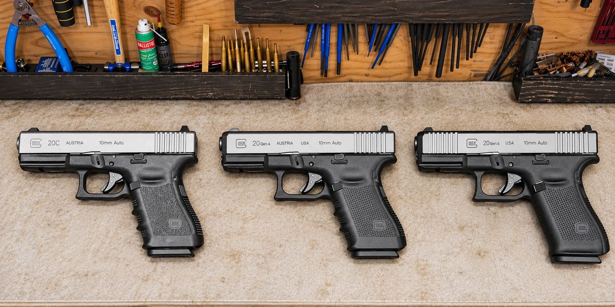 Three Glock pistols arranged side by side on a workbench.