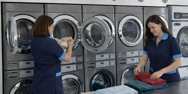 Two women folding clothes in a laundromat with industrial machines.