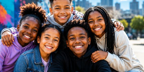 A group of five smiling friends posing outdoors on a sunny day.