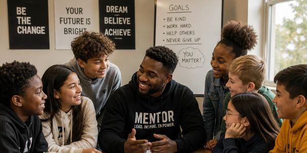 A mentor engaging happily with a group of diverse children in a classroom.