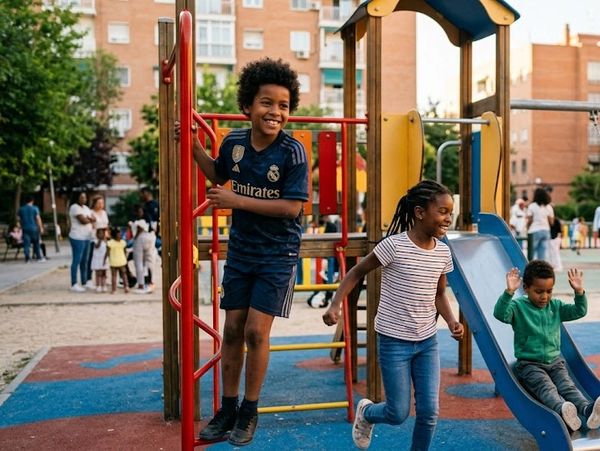 Children enjoying playtime at a colorful playground in an urban park.