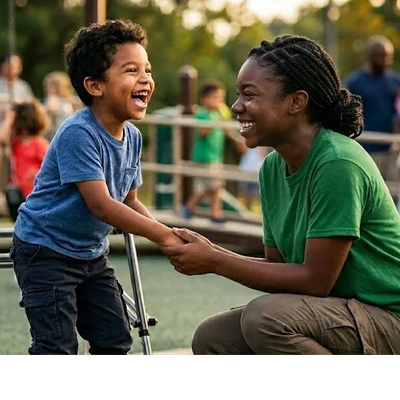Joyful interaction between a child on crutches and a smiling woman outdoors.