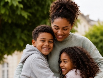 A woman happily hugging two children outdoors.
