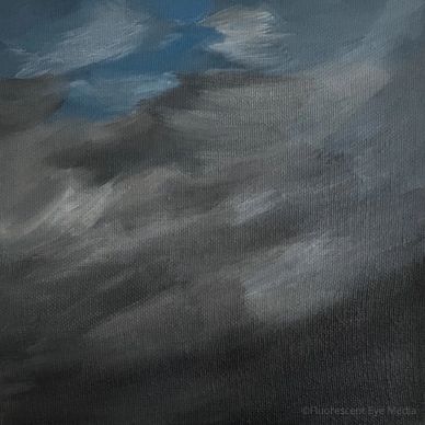 Painting of a cloudy sky with patches of blue.