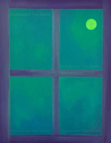 A dark window looking out at a green toxic fog, with a bright green moon looming in the sky. 