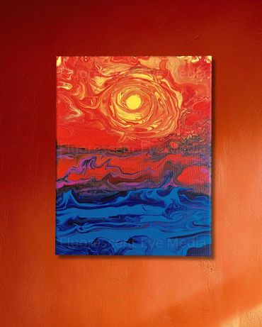 A surreal red and blue landscape with a swirling yellow sun seen through a hazy, psychedelic filter.