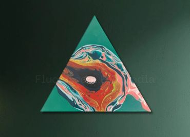 Triangle canvas with green background and colourful comet-like acrylic pour.