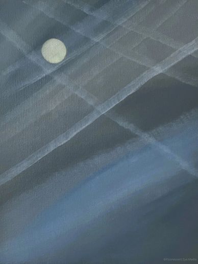 Abstract painting with intersecting lines and a circular shape resembling the moon.