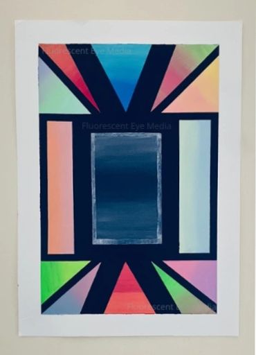 An abstract acrylic painting on canvas paper, featuring geometric shapes around a central doorway. 