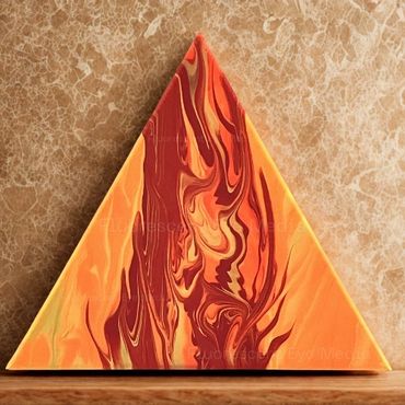 An abstract triangle-shaped pour in yellow, orange, and red, evoking flames and heat.