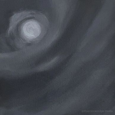 Abstract painting of swirling gray and white patterns resembling a moon or vortex.