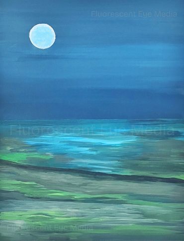 An acrylic painting of a blue toned moon and sky with an eerie blue and green ocean and sand
