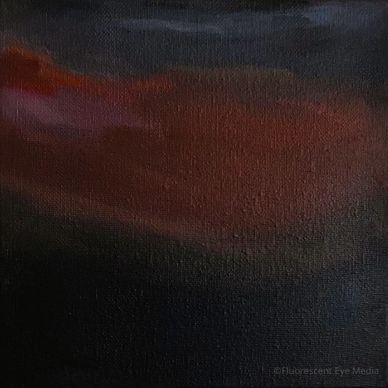 Abstract painting with dark tones and a reddish-brown cloud-like shape.