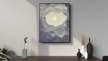 A pale-yellow sun breaks through a moody grey spring sky on an 11x14” canvas.
