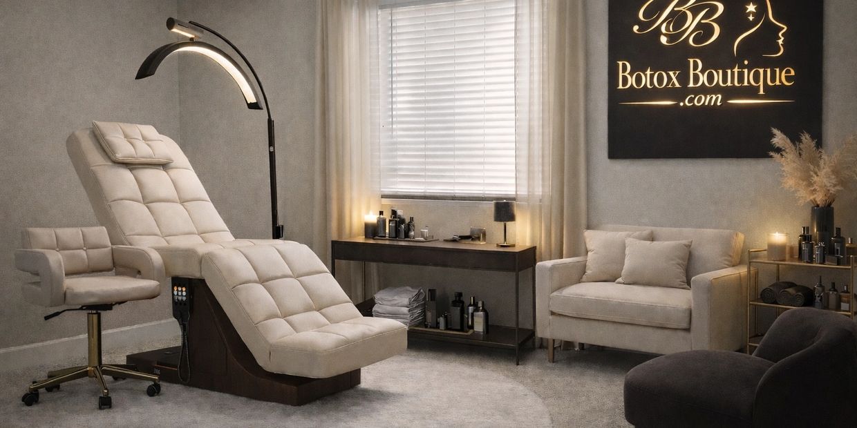 Elegant Botox Boutique treatment room with cream chairs and soft lighting.