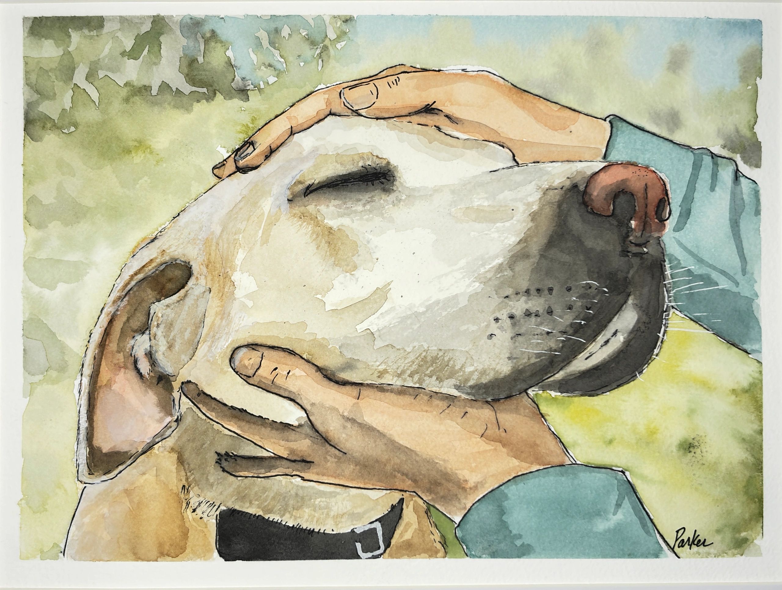 Petting a good dog with both hands