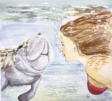 Swimmer comes face to face with a manatee, watercolor painting