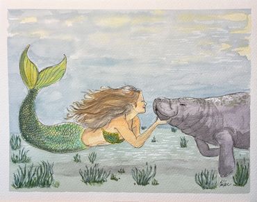 Watercolor Painting of Mermaid and  Manatee