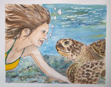 Swimmer meets a sea turtle face to face