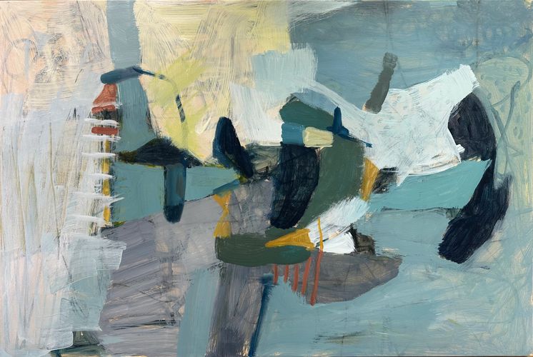 Abstract painting with muted blues, greens, and ochres in layered brushstrokes.