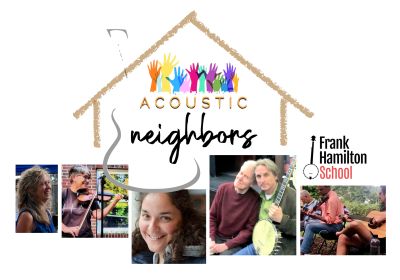 Collage promoting Acoustic Neighbors at Frank Hamilton School with musicians and smiling faces.