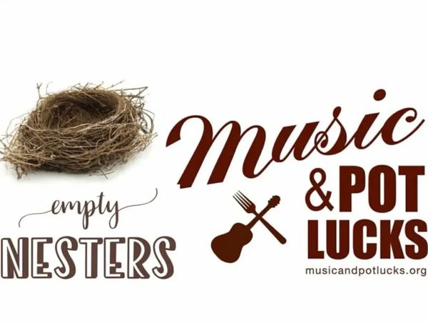 Empty nest symbol with text promoting Music &amp; Pot Lucks event.