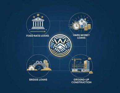 Four types of loans and construction financing options represented with icons around a handshake symbol.