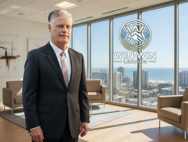 Professional man in suit standing in a modern office with city and ocean view.
