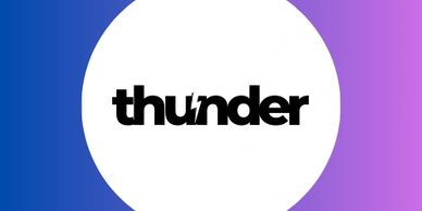 Logo with 'thunder' text inside a white circle on a blue to purple gradient background.