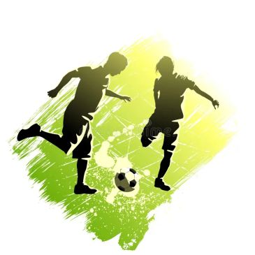 Silhouettes of two people playing soccer against a green and yellow brushstroke background.