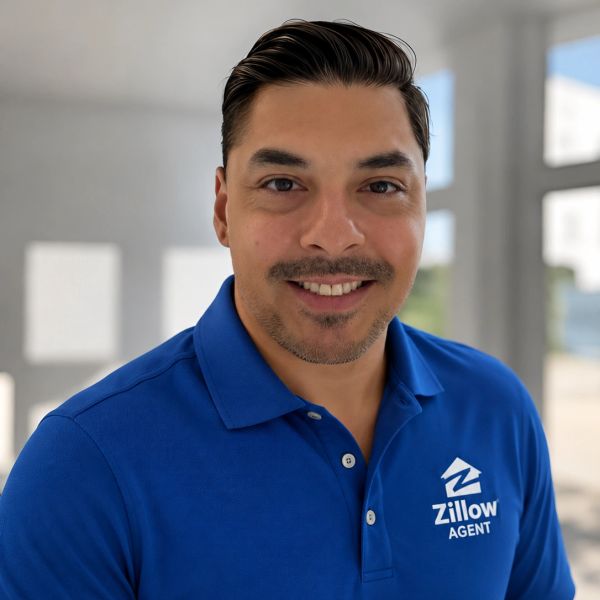Smiling male Zillow agent wearing a blue polo shirt.
