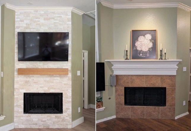 Two different fireplace designs with TVs above them.
