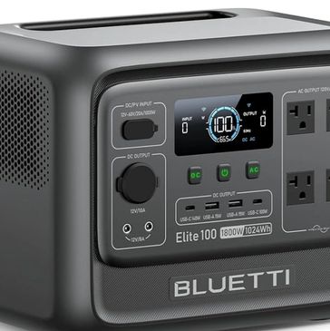 Portable Bluetti Elite 100 power station with display and multiple output ports.
