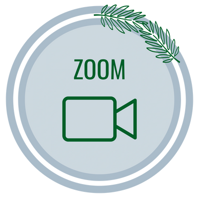 Blue Circular Graphic with Green Text and Icon: Text says ZOOM and icon is of A VIDEO CAMERA