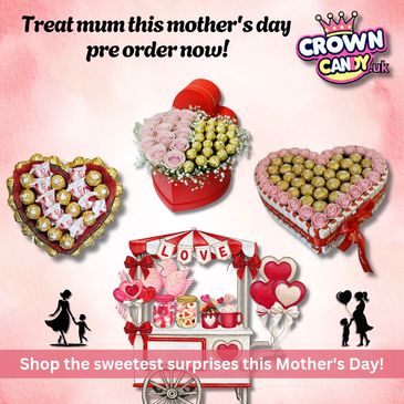 Three heart-shaped gift boxes containing pink roses, Ferrero Rocher, and Raffaello chocolates.