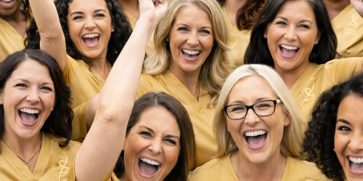 Group of women joyfully cheering together wearing yellow tops.