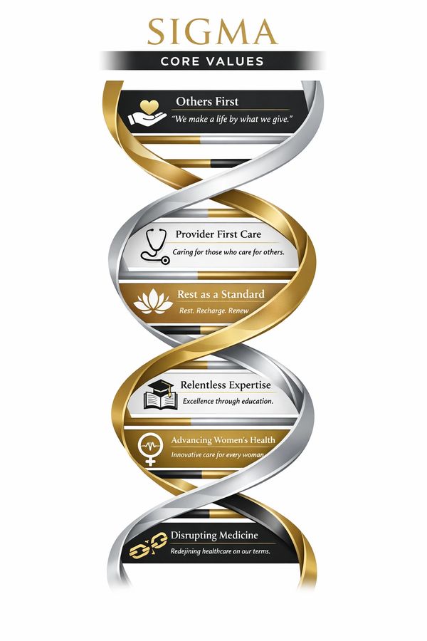 DNA-structured core values of SIGMA symbolizing care, rest, expertise, women's health, and innovation.