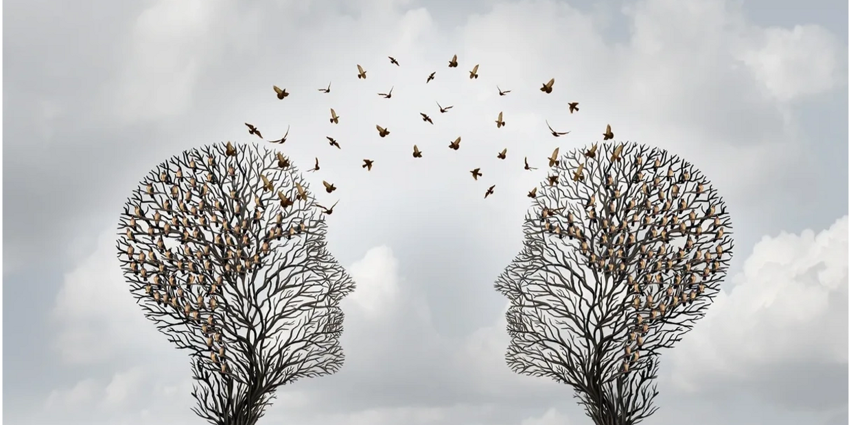 Two trees shaped like human heads with birds flying out of the branches.