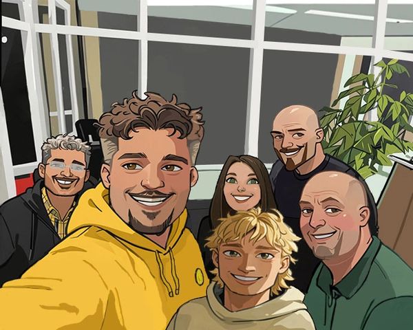 A picture of members of Ralbru Games and partners depicted as cartoon characters.