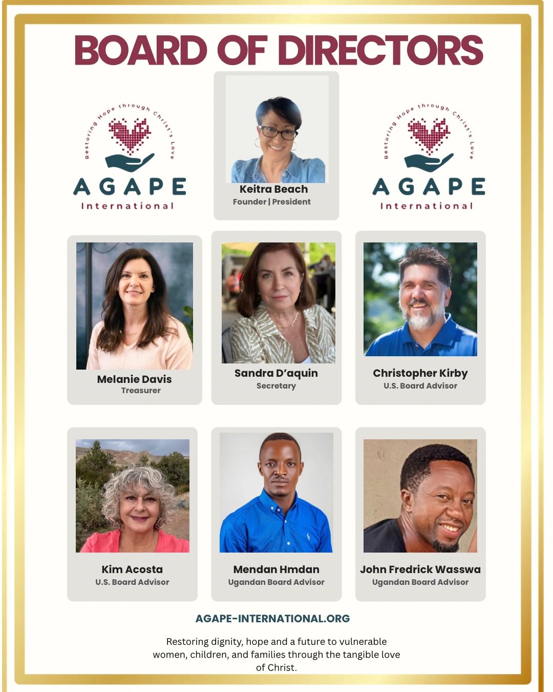 Board of Directors of Agape International with portraits and roles.
